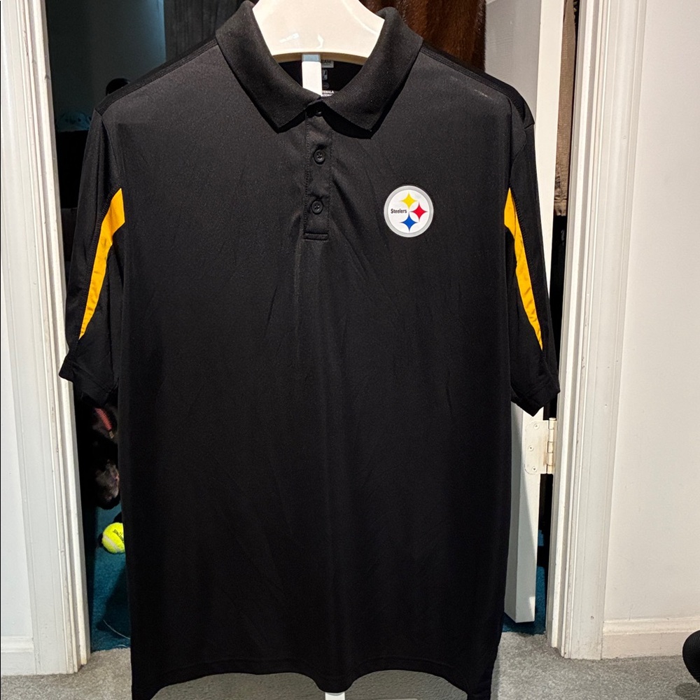 NFL Team Apparel Steelers TX3 Cool Black Polo with Yellow Stripes